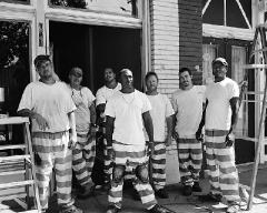 prisoners-Clarksdale-Sarahs Clarksdale MS: work group from Parchman Farm who were rebuilding the front of Sarah's Kitchen where I had lunch. Two prisoners are not in the photo since they were out looking for the guard to tell him that Sarah was ready to serve them lunch.